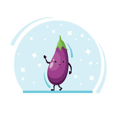 Funny eggplant in cartoon style on a blue background. Cute vegetable.