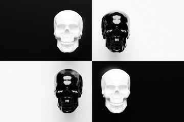 Set of pop art black and white skulls 3D illustration in front. Pop art graphic illustration of skull