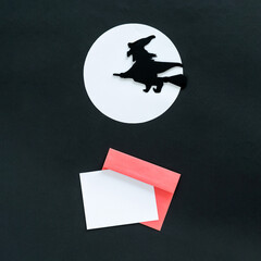 Blank white halloween card with witch and moon. Poster invitation mockup