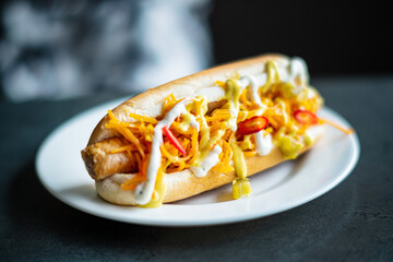 hot dog with french fries and sauce