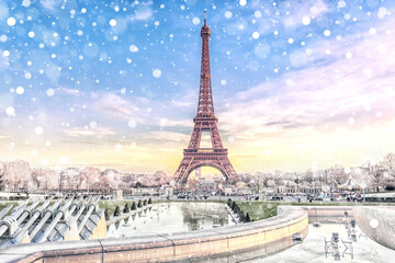 Fototapeta na wymiar View of the Eiffel Tower in Paris at Christmas time, France. Romantic travel background