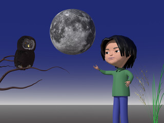お月見をする子供とフクロウ