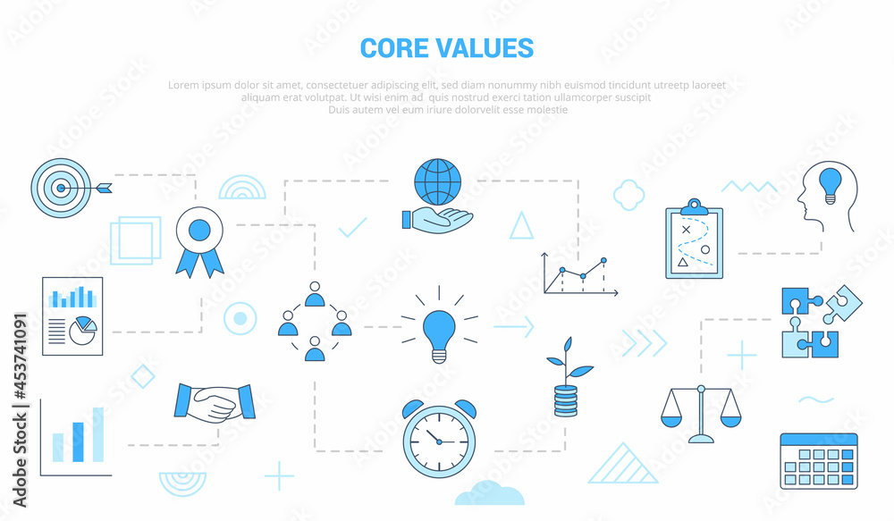 Aufkleber core values concept with icon set template banner with modern blue color style