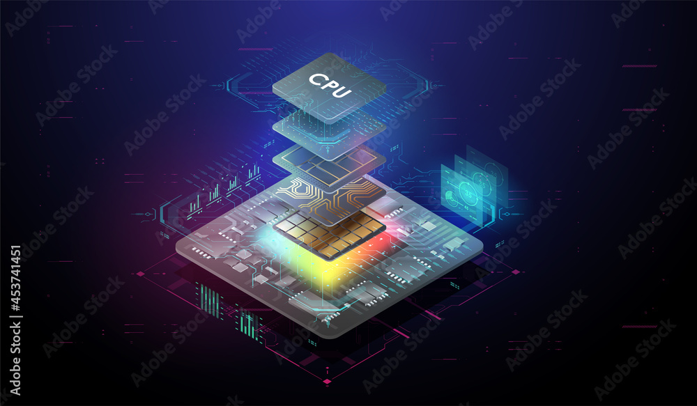 Poster quantum computer database concept. futuristic microchip processor. tech futuristic template. digital