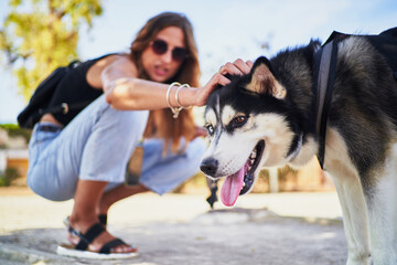 Young stylish woman petting her siberian husky for in park