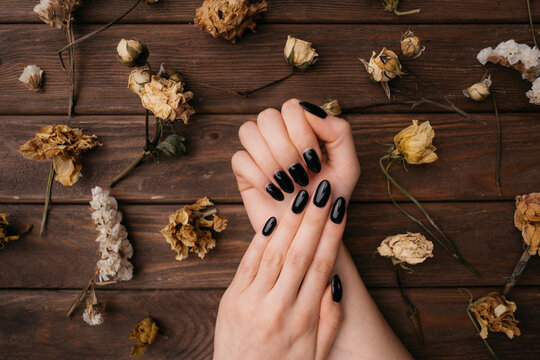 Young woman hands with dark color manicure among beautiful dry flowers on a wooden background, top view.