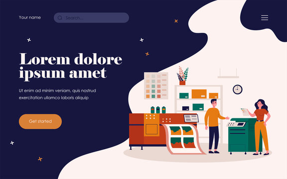 Print production concept. Typography workers using big commercial printer for printing colorful posters. Vector illustration for ad agency, printing industry, typography topics