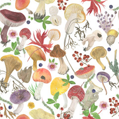 Watercolor painting seamless pattern with forest elements(berries, grass, leaves, mushrooms) - 453743611