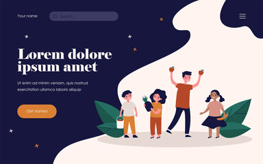 Happy kids with fruits. Children holding banana, apples, pineapple, strawberry flat vector illustration. Healthy snack, fresh organic food concept for banner, website design or landing web page