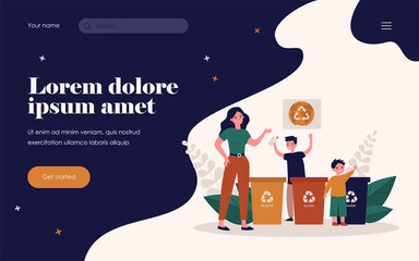 Woman and kids sorting garbage together. Plastic, glass, paper flat vector illustration. Environment and ecology protection concept for banner, website design or landing web page