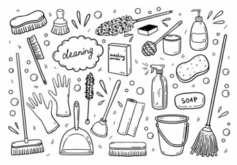 Set of various items for cleaning - mops, brooms, brushes, detergents and others. Work equipment for sweeping, washing, hygiene, keeping the house clean. Vector hand-drawn illustration in doodle style - obrazy, fototapety, plakaty