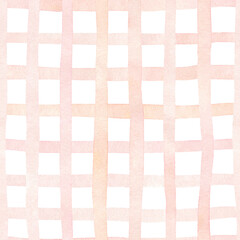 Checkered watercolor seamless pattern. Grid abstract background in pastel colors. Muted pink and peach shades. Perfect for wrapping paper, covers, prints, invitations, decorations, cards.