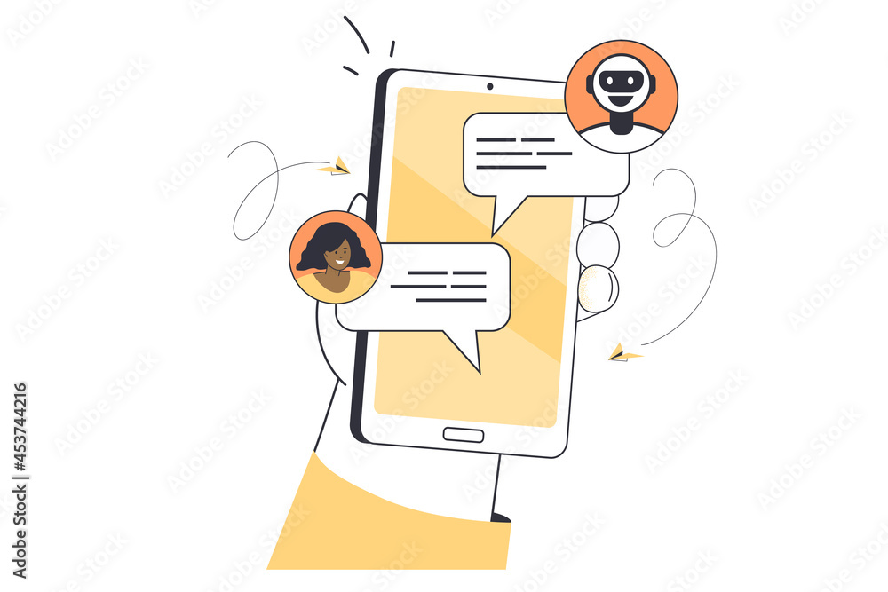 Poster hand holding smartphone with bot chat on screen. flat vector illustration. robot assistant talking w