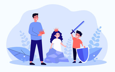 Father or teacher and children rehearsing for school play. Boy with sword and shield, girl wearing crown flat vector illustration. Family, entertainment, drama club concept for banner, website design