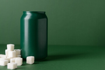 Can of soda and sugar on color background. Diabetes concept
