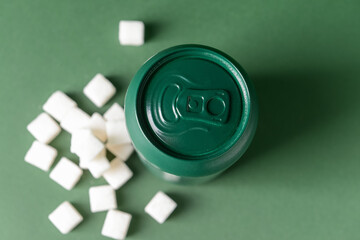 Can of soda and sugar on color background. Diabetes concept