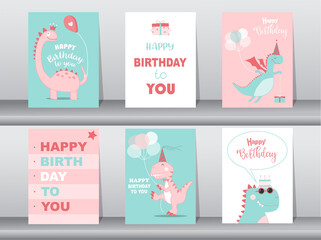 Set of cute  birthday cards,poster,template,greeting cards,animals,dinosaurs,Vector illustrations.