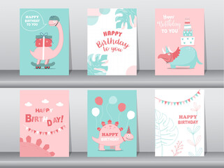 Set of cute  birthday cards,poster,template,greeting cards,animals,dinosaurs,Vector illustrations.