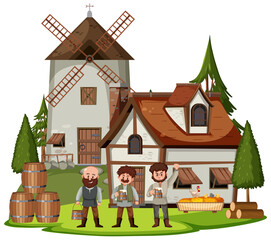 Fototapeta na wymiar Medieval house with windmill and villagers