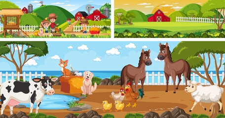 Set of outdoor panoramic landscape with cartoon character