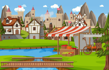 Medieval town scene with castle background