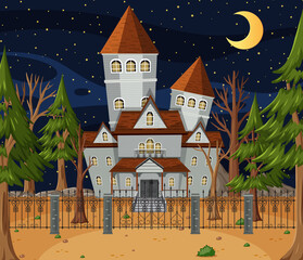 Haunted halloween mansion at night