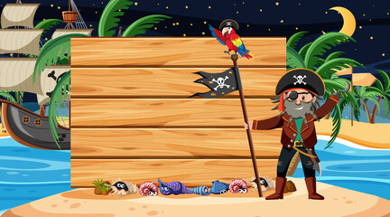 Pirate kids at the beach night scene with an empty banner template