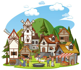 Obraz na płótnie Canvas Medieval village with windmill and villagers