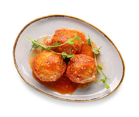 Plate with delicious meatballs and melted cheese on white background