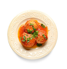 Plate with delicious meatballs and melted cheese on white background