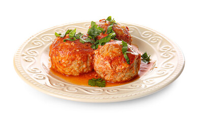 Plate with delicious meatballs and melted cheese on white background