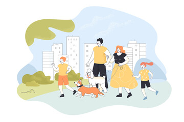 Family on walk in modern city park flat vector illustration. Happy parents, mom, dad, children, son, daughter walking dogs together in nature. Family, love, pet, animal, nature, leisure concept