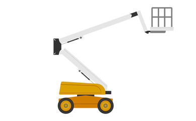 Fototapeta na wymiar Boom lift or cherry picker vector icon. Aerial work platform or elevator. Consist of telescopic boom, bucket operated by hydraulic. For transport, maintenance, construction, service at height level.