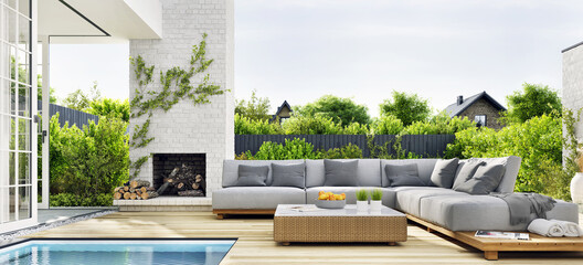 Naklejka premium Outdoor patio area with garden furniture, swimming pool and outdoor fireplace