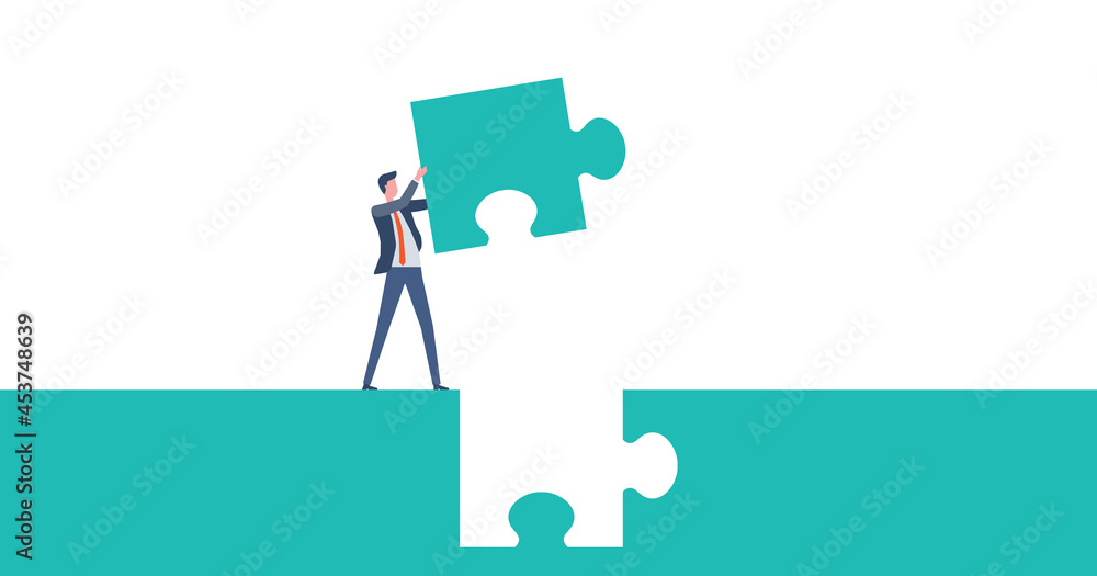 Poster flat vector design concept businessman solve business problems. and a man hold puzzle jigsaw piece a