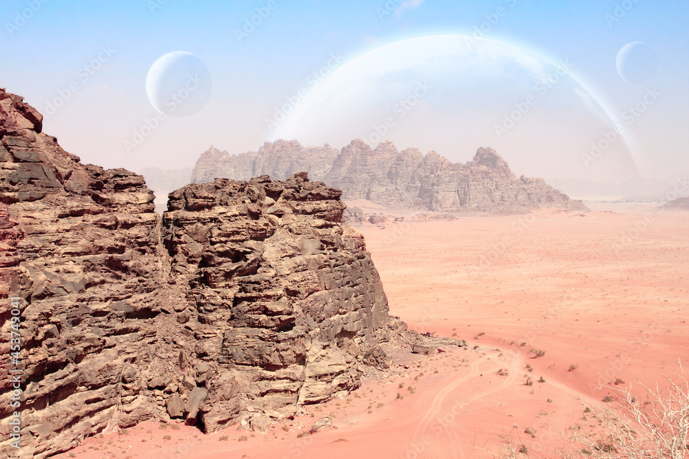 Poster landscape with sand desert, rock and planets in sky