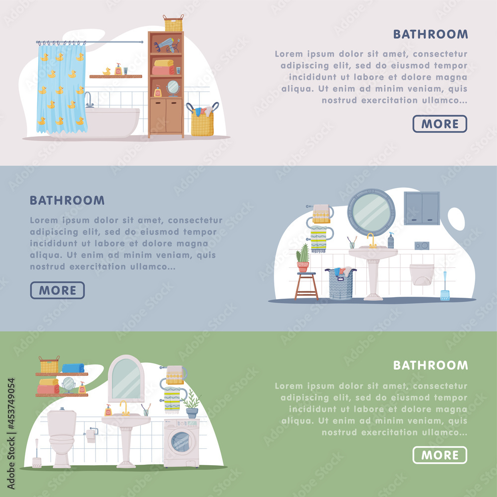 Poster Landing Page with Bathroom or Washroom Interior Containing Bathtub, Sink and Toilet Bowl Vector Template