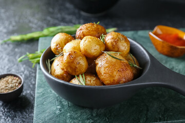 Frying pan with baked potatoes and rosemary on dark background