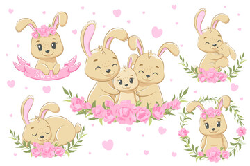 A collection of cute bunny family for girls. Vector illustration of a cartoon.