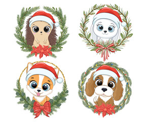 A set of cute animals for the New Year and for Christmas. Hedgehog, hare, rabbit, corgi dog, puppy. Vector illustration of a cartoon.