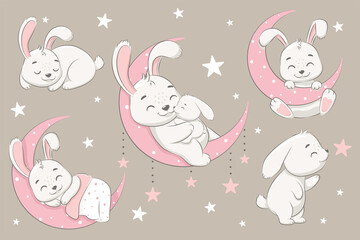Obraz na płótnie Canvas A collection of cute rabbits sleeping on the moon, dreaming and flying in a dream on the clouds. Vector illustration of a cartoon.