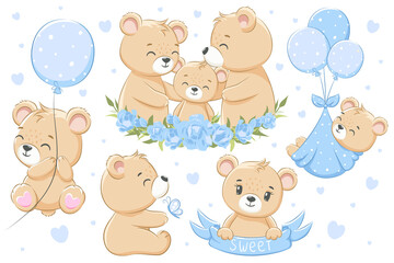 A collection of cute family bears, for boys. Flowers, balloons and hearts. Cartoon vector illustration.
