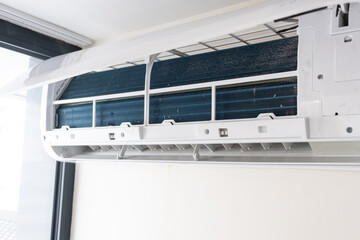 Dust contaminated air conditioner with dust. Preparing for service.