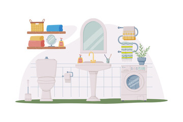 Bathroom or Washroom Interior with Sink, Washing Machine and Toilet Bowl Vector Illustration