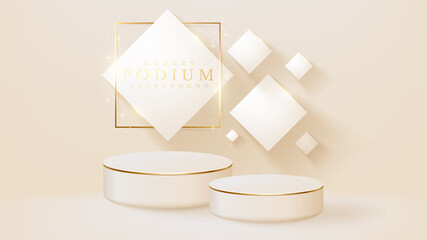 White podium display product and sparkle golden line scene, Realistic 3d luxury style background, vector illustration for promoting sales and marketing.