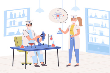 Laboratory research concept. Scientists making scientific tests with microscope and flasks at lab. Chemical, medical or pharmaceutical research and discovery. Vector illustration in trendy flat design