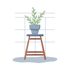 Bathroom or Washroom Interior with Houseplant on Wooden Stool Vector Illustration
