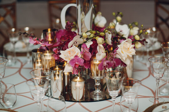 Wedding Decor Table With White Flowers And Candles.