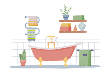 Bathroom or Washroom Interior with Towel Rail, Bathtub and Laundry Basket Vector Illustration