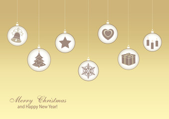 Merry Christmas 2022. Festive background with New Year symbols with elements of holiday decorations Christmas tree, bells, gift, star, snowflake, heart and candles, vector illustration.